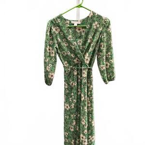 Monteau Los Angeles Green Floral Long Sleeve Wrap Dress Size S